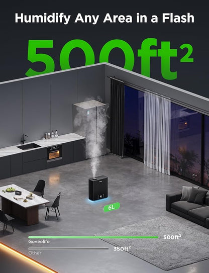 GoveeLife Smart Humidifiers for Bedroom Large Room, Top-Fill Cool Mist 6L WiFi Air Humidifier, Auto Mode, App & Voice Control, 60H Runtime, Rapid Humidification, RGB Nightlight Baby Plants, Black - Image 8
