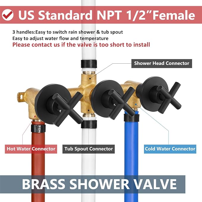 Aolemi 3 Handles Tub Shower Faucet Set with Valve Bathtub Combo Set Shower System Complete Trim Kit Wall Mounted Matte Black - Image 5