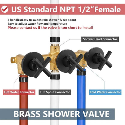 Aolemi 3 Handles Tub Shower Faucet Set with Valve Bathtub Combo Set Shower System Complete Trim Kit Wall Mounted Matte Black - Image 5