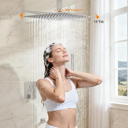 Brushed Nickel Shower System with Tub Spout, Ceiling Mounted Bathtub Shower Faucet Set, 12" Rainfall Shower Head and Handheld Shower Combo, High Pressure Shower Fixtures Set with Rough-in Valve - Image 9