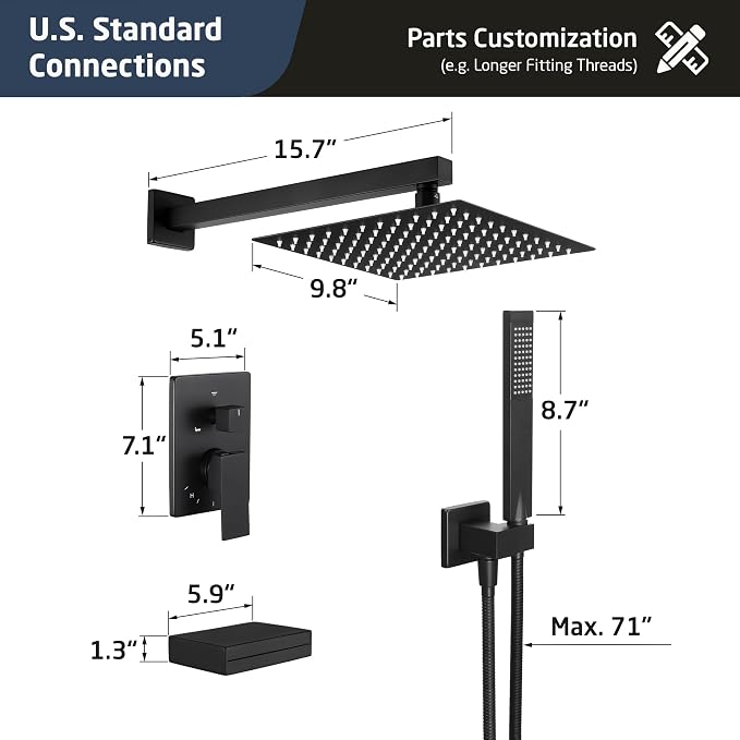 KES Shower System with Tub Spout, Matte Black Shower Faucet Set Complete 10 Inch Rain Shower Head with Handheld Spray and Waterfall Bathtub, cUPC Pressure Balance Shower Valve Trim Kit, XB6305F18-BK - Image 8