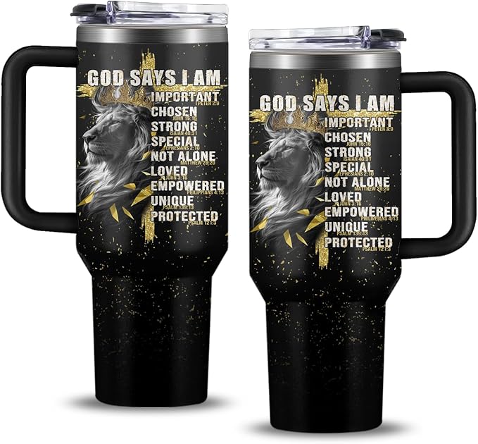 Christian Gifts for Men, 40 oz God Says I Am Lion Tumbler with Handle, Inspirational Religious Birthday Gifts, Lion Christian Gift for Spiritual Catholic Faith Jesus Bible God Prayer Cup by NIAXAUYT