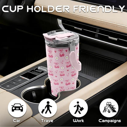 20oz Cherry Tumblers - Pink Cherry Tumbler with Straw Handle, Leak-proof, BPA-free, Double Wall Insulated, Pink Gifts Cup for Girls, Insulated Coffee Tumbler Bows Stainless Steel Cup for Women Kids - Image 4