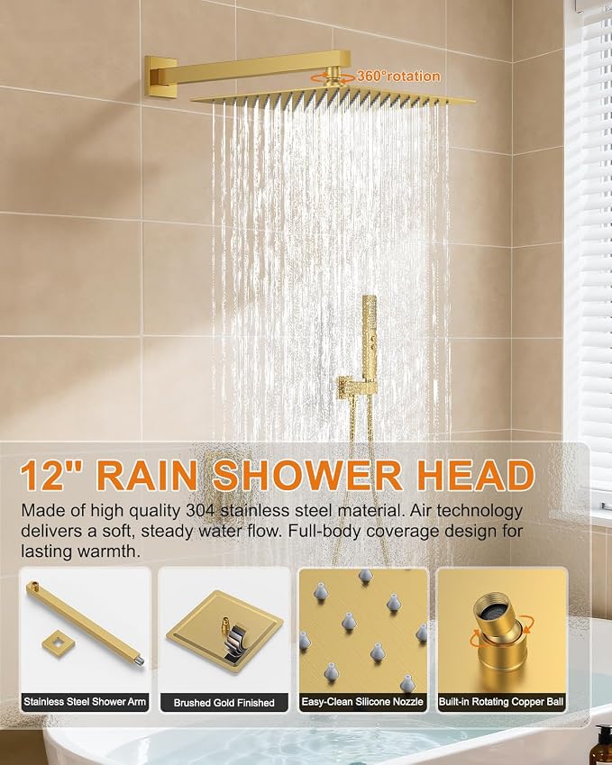 Brushed Gold Shower System with Tub Spout, Wall Mounted Bathtub Shower Faucet Set, 12" Rainfall Shower Head and Handheld Shower Combo, High Pressure Shower Fixtures Set with Rough-in Valve - Image 6