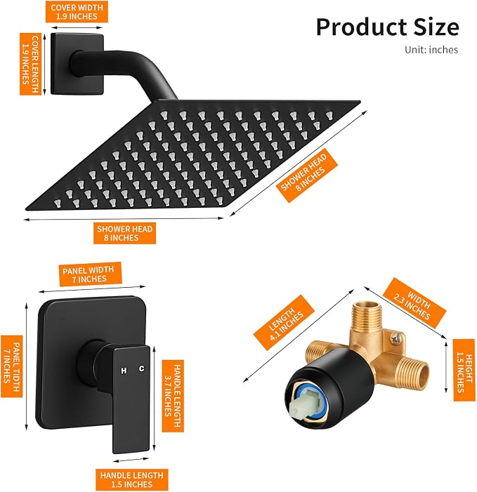 Black Shower Head And Faucet Set Complete With Valve Shower Fixtures With 8 Inch High Pressure Rain Shower Head Trim kit Regaderas Para bBaño Modernas - Image 6