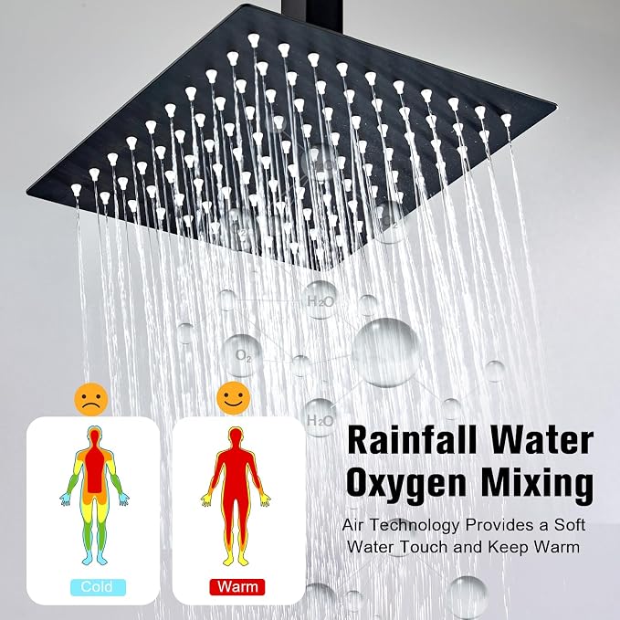 12 Inch Ceiling Mount Shower System Matte Black Rain Mixer Shower Combo Set High Pressure Rainfall Shower Head System Bathroom Luxury Shower Faucet Set Rough-in Valve and Shower Trim Included - Image 2
