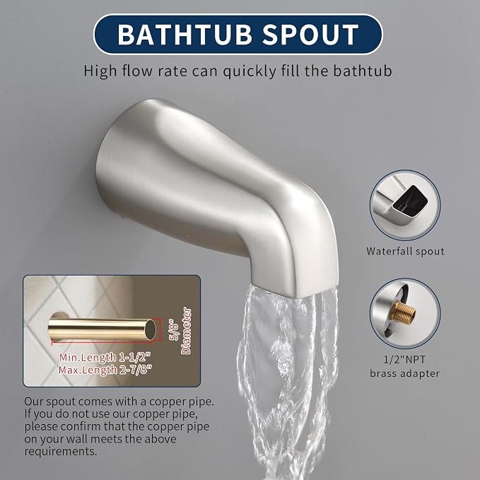 3 Handles Shower Faucet Set with Tub Spout Bathtub Shower Faucets Combo Set Shower System Complete Tub and Shower Trim Kit Brushed Nickel Shower Fixtures Brushed Nickel Shower Set - Image 5
