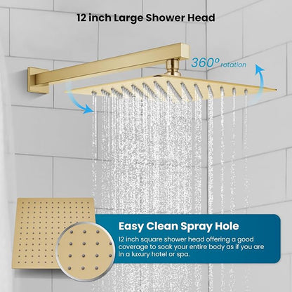 gotonovo Shower System with Tub Spout,Waterfall Tub Shower Faucet Set for Bathroom Head and Handle Set Wall Mounted 3 Function Rough-in Valve and Trim Included 12 inch Shower Head Brushed Gold - Image 3