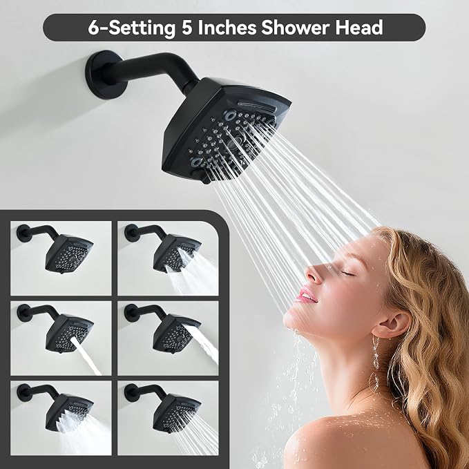 2 Handle Shower Faucet Set with Tub Spout 6-Spray Shower Head and Handle Set Shower Trim Kit with Rough-in Valve Bathroom Shower Faucet Valve Trim Kit Matte Black - Image 6