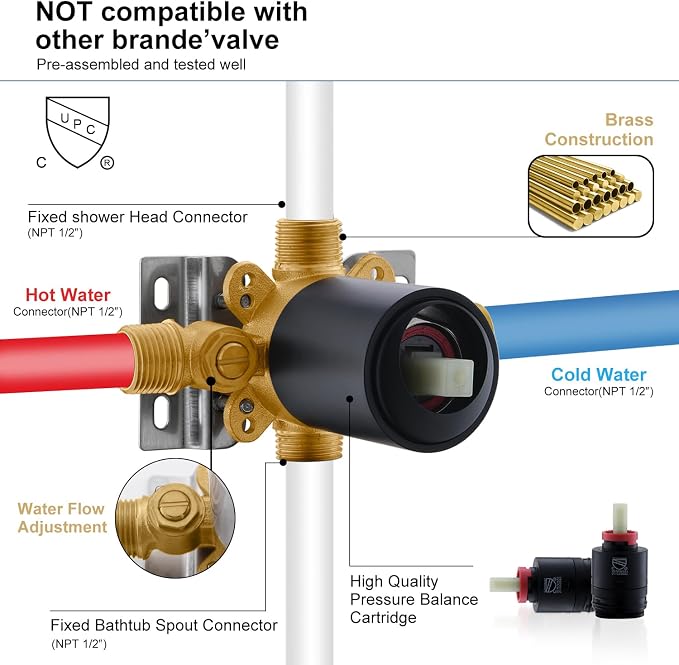 KENES Tub Shower Faucet Set Complete, Matte Black Tub and Shower Trim Kit with 6-Inch Rain Shower Head, Square Shower System, KE-6025A-2 (Shower Valve Included) - Image 7