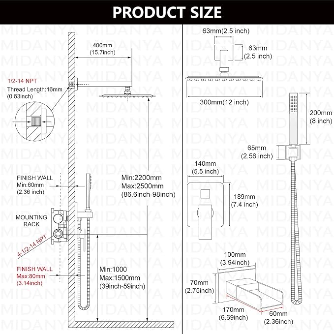 Midanya Rain Shower System Tub Shower Faucet Set Square Rainfall Waterfall Shower Head with Handheld Sprayer Tub Spout Combo Wall Mounted bathtub faucet set Rough-in Valve, 12 Inch Matte Black - Image 5