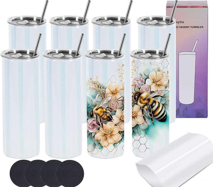 Glitter Sublimation Tumblers 20 Oz Skinny Straight, 8 Pack Stainless Steel Sublimation Glitter Shimmer Tumbler Blanks, Individually Boxed, White by Wzaytia