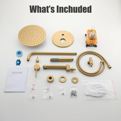 MONDAWE Round Shower Faucets Sets Complete with Tub Spout, Wall Mounted Shower System 10 Inch Rainfall Shower Head with Handheld Combo, Brushed Gold High Pressure Shower Faucet Set - Image 6