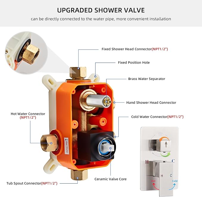 Shower Faucet Set Complete with Tub Spout Shower System Wall Mounted with 12 inch Rainfall Shower Head and Handheld Shower Rain Shower Combo for Bathroom, Brushed Nickel - Image 2