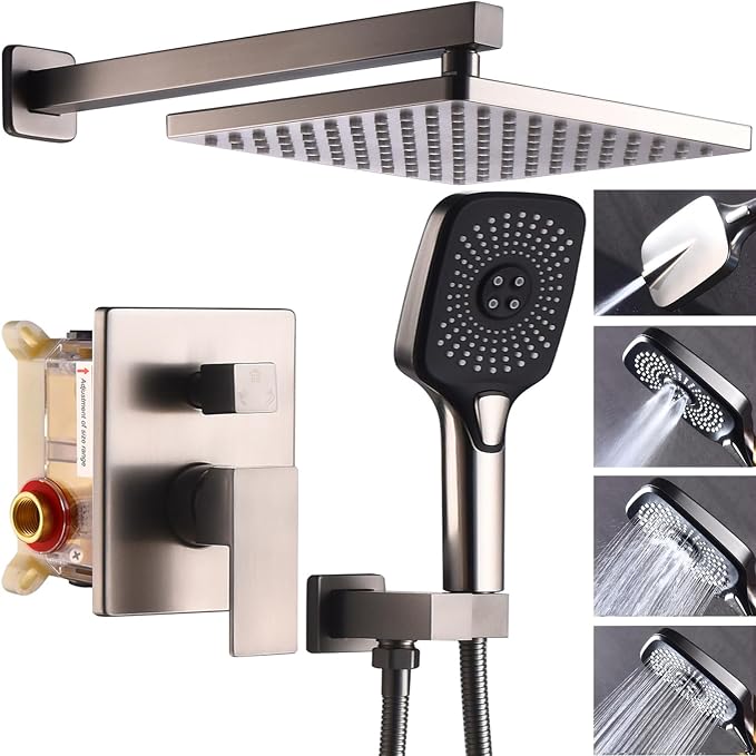 Shower System with 10 Inch Overhead Shower 4 Setting Handheld Spray Rough In Pressure Balance Valve Body with Trim Kit Wall Mounted Rainfall Shower Faucet Set (Brushed Nickel) by YESIMI