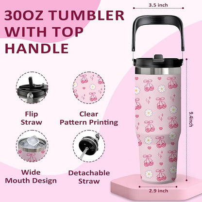 Pink Cherry Tumbler 30oz with Handle - Stainless Steel Insulated Cup, Leakproof Water Bottle with Cherry Design for Women & Girls, Perfect Birthday Christmas Gift - Image 2