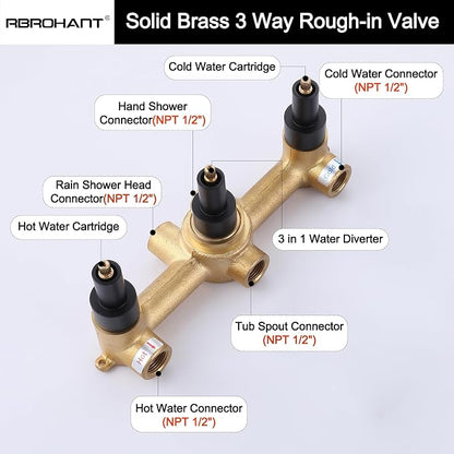 RBROHANT Matte Black Shower System with Tub Spout, Brass Bathtub Shower Faucet Set with 3 Way Rough-in Valve,10 Inch Round Shower Head Set with Tub Spout and Handheld, JK0300 - Image 8