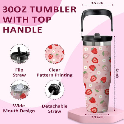 Red Strawberry Tumbler 30oz with Handle - Cute Strawberry Design Water Bottle, Insulated Stainless Steel Cup for Women & Girls, Leakproof Travel Mug, Sweet Birthday Gift for Her - Image 2