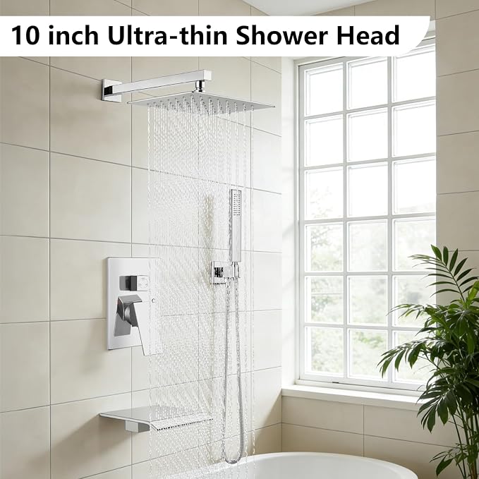 Midanya Shower System with Tub Spout,Bathtub Shower Faucet Set with Square Rainfall Head and Handheld Sprayer Wall Mount Tub Faucet Set with Valve and Trim Kit,10 Inch Polish Chrome - Image 2