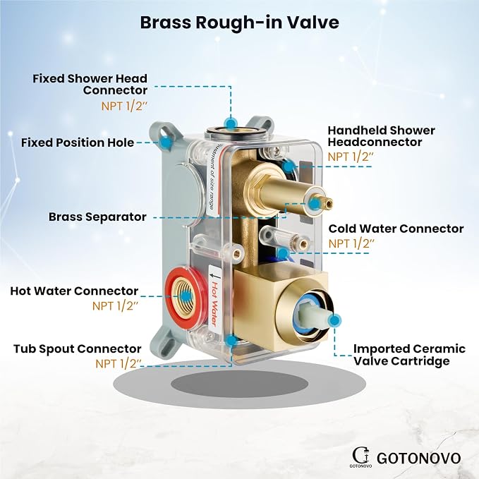 gotonovo Shower System with Tub Spout Wall Mounted Rain Shower Head and Handle Combo Shower Faucet Set with Valve, 12 Inch, Brushed Gold - Image 8