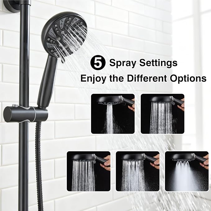 Midanya Retrofit Rain Shower System Wall Mount 8 Inch Rainfall Shower Head with 5-setting Handheld Spray Combo with Slide Bar,Matte Black - Image 7