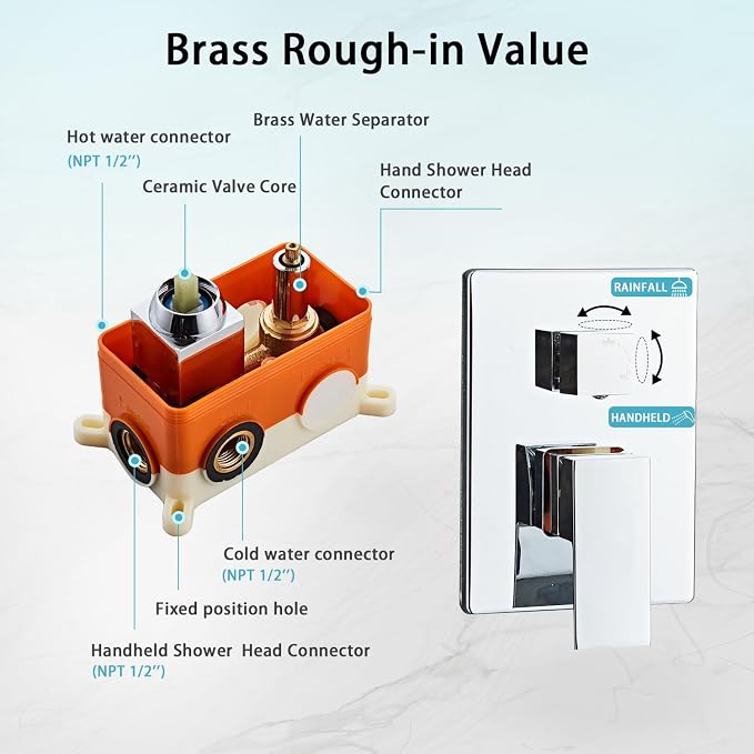 8 Inch Ceiling Mount Shower Faucet Set, Polish Chrome Rainfall Shower System, Square Rain Shower Head with Handheld Spray Combo Ceiling, Silver Rainfall Shower Faucet Fixtures (3-Setting) - Image 4