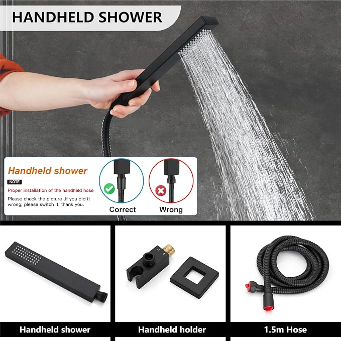 Midanya Shower Faucet Set,Wall Mount Shower System with Square Rain Shower Head and Hand Sprayer, Rough-in Valve Body and Trim Kit Included,16 Inch,Matte Black - Image 5