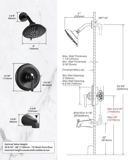 Shower Faucet Set Matte Black: ARCORA Bathtub Faucet Set with 6-Inch Rain Showerhead and Tub Spout, Single-Handle Tub and Shower Trim Kit (Valve Included) - Image 8