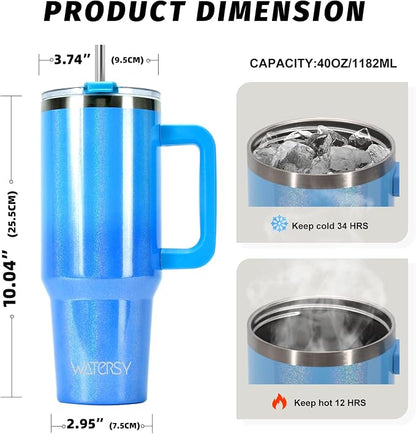 40 oz Shiny Tumbler with Handle and Straw,Stainless Steel Tumbler with Lid and Straw,Insulated Travel Mug(Cold for 34 Hours),Water Bottle for Iced Tea,Coffee (Blue) - Image 2