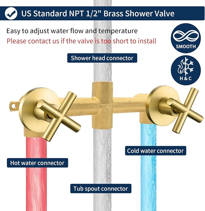 2 Handles Shower Faucet Set with Tub Spout Bathtub Shower Faucet Combo Set Shower System Complete Tub and Shower Trim Kit Brushed Gold Wall Mounted Shower Fixtures - Image 4
