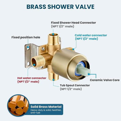 gotonovo Bathroom Shower Head Kit High Pressure Combo System Shower Faucet 6 Modes ABS Handheld Spray Shower Trim Kit Valve Included Shower Head and Handle Set Brushed Gold - Image 7