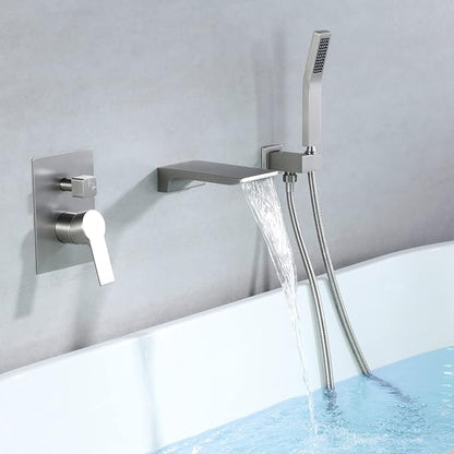 SHAMANDA Waterfall Wall Mounted Bathtub Faucet with Hand Shower, Bathroom Single Handle Tub Faucet Modern Brass Tub Shower Faucet Set(Including Rough-In Valve Body and Trim), Brushed Nickel, L901-2 - Image 5