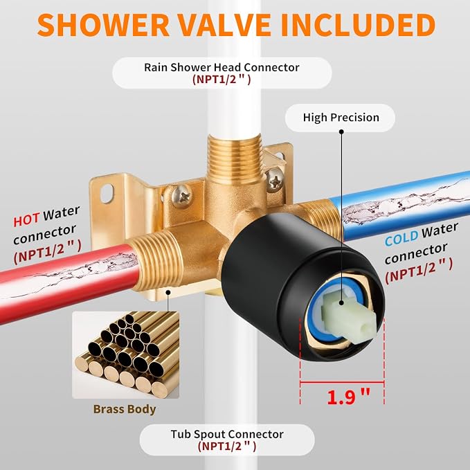 Black Tub Shower Faucet Set Complete with 8-Inch Rainfall Shower Head and Tub Spout Included Shower Valve Tub Shower Trim Kit Matte Black - Image 6