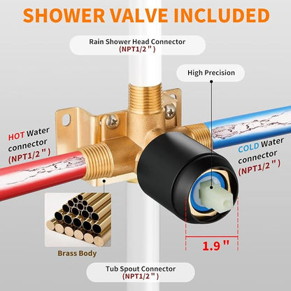 Black Tub Shower Faucet Set Complete with 8-Inch Rainfall Shower Head and Tub Spout Included Shower Valve Tub Shower Trim Kit Matte Black - Image 6