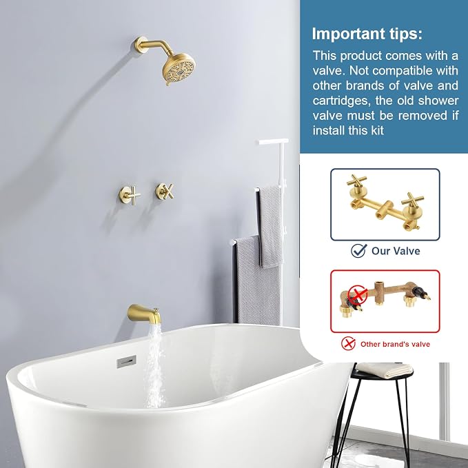 2 Handles Shower Faucet Set with Tub Spout Bathtub Shower Faucet Combo Set Shower System Complete Tub and Shower Trim Kit Brushed Gold Wall Mounted Shower Fixtures - Image 2