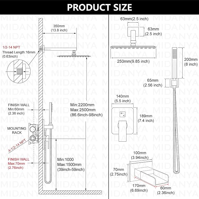 Midanya Rain Shower System Tub Shower Faucet Set Square Rainfall Waterfall Shower Head with Handheld Sprayer Tub Spout Combo Wall Mounted bathtub faucet set Rough-in Valve, 10 Inch Matte Black - Image 5