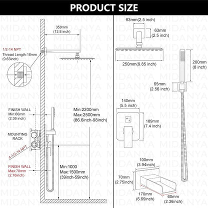 Midanya Rain Shower System Tub Shower Faucet Set Square Rainfall Waterfall Shower Head with Handheld Sprayer Tub Spout Combo Wall Mounted bathtub faucet set Rough-in Valve, 10 Inch Matte Black - Image 5