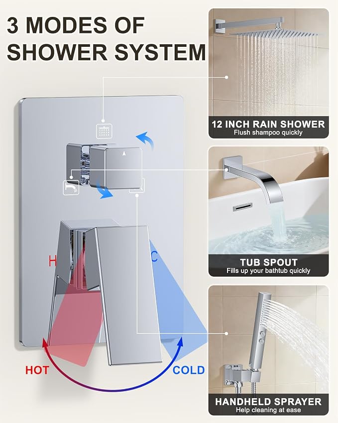 Chrome Shower System with Tub Spout, Wall Mounted Bathtub Shower Faucet Set, 12" Rainfall Shower Head and Handheld Shower Combo, High Pressure Shower Fixtures Set with Rough-in Valve - Image 5