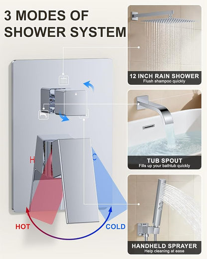 Chrome Shower System with Tub Spout, Wall Mounted Bathtub Shower Faucet Set, 12" Rainfall Shower Head and Handheld Shower Combo, High Pressure Shower Fixtures Set with Rough-in Valve - Image 5