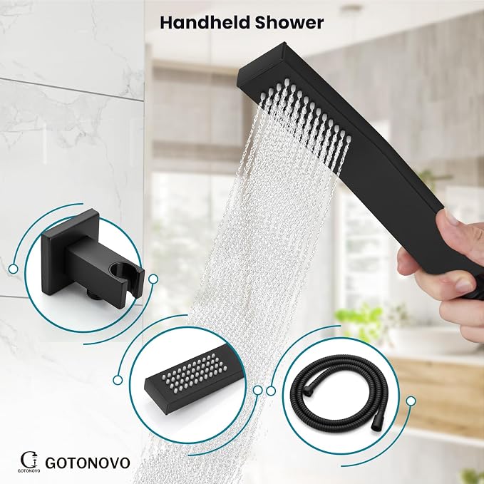 gotonovo Shower System with Tub Spout Wall Mounted Rain Shower Head and Handle Combo Shower Faucet Set with Valve, 8 Inch, Matte Black - Image 6