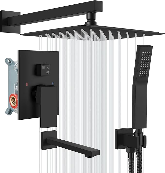 gotonovo Shower System with Tub Spout Wall Mounted Rain Shower Head and Handle Combo Shower Faucet Set with Valve, 12 Inch, Matte Black by HOME