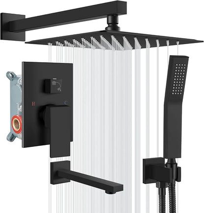gotonovo Shower System with Tub Spout Wall Mounted Rain Shower Head and Handle Combo Shower Faucet Set with Valve, 12 Inch, Matte Black by HOME