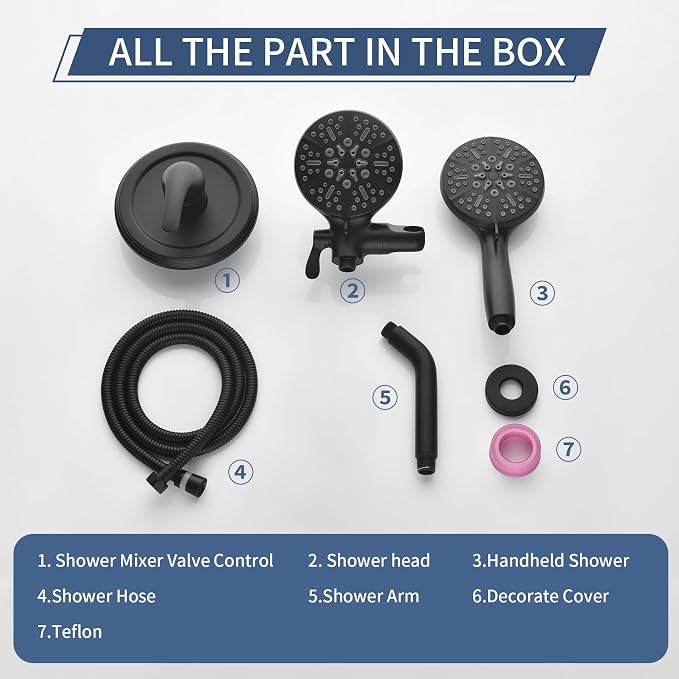 Taplong Shower Faucet Set Dual 2 in 1 Shower Head Kit High Pressure Combo Shower System 7 Modes ABS Handheld Spray Shower Trim Kit Combo Set Shower Fixtures Dual Shower Head Combo,Matte Black-TP038A - Image 9