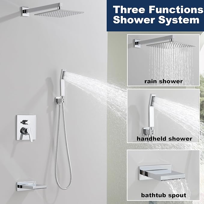 Shower System with Tub Spout, All Metal Bathtub Shower Faucet Set with High Pressure 10 Inch Rain Shower Head and Handheld Shower Head Set, Chrome (Valve Include) - Image 3