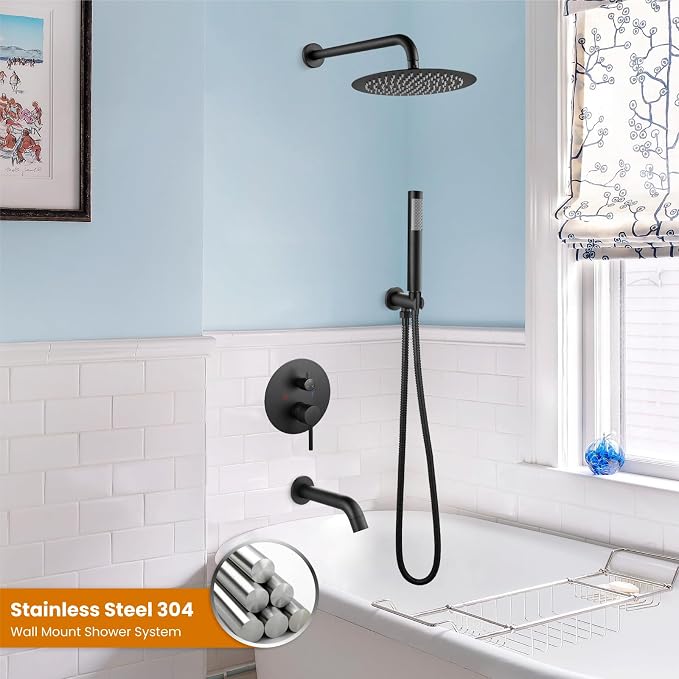 gotonovo Shower System with Tub Spout Wall Mount 3 Function Rough-in Valve Bathtub Shower Faucets Set Complete Rain 10 Inch Round Showerhead Trim Kit Combo, Cylindrical Handheld, Matte Black - Image 2