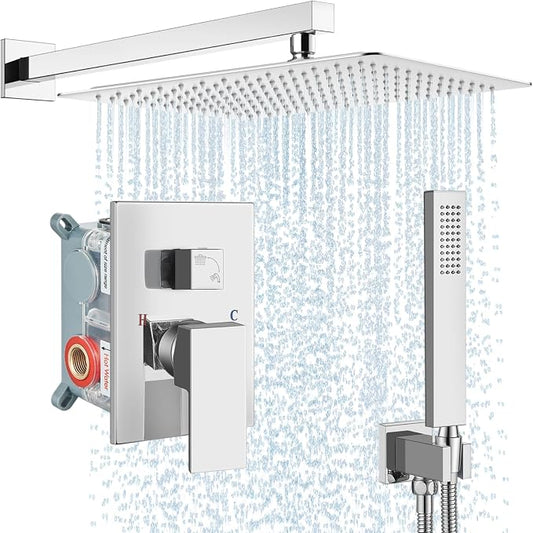Midanya Shower Faucet Set,Wall Mount Shower System with Square Rain Shower Head and Hand Sprayer, Rough-in Valve Body and Trim Kit Included,16 Inch,Polish Chrome by Midanya