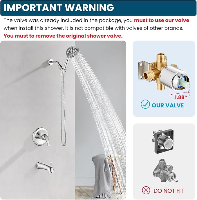 gotonovo Bathroom Shower Head Kit High Pressure Combo System Shower Faucet 6 Modes ABS Handheld Spray Shower Trim Kit Valve Included Shower Head and Handle Set Polished Chrome - Image 2