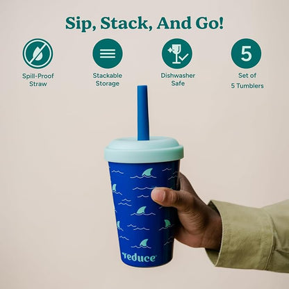 REDUCE GoGo's Kids Portable Tumbler Cups with Lids and Spill-Proof Straws - 5 Pack of Stackable 12 oz Tumblers with Twist-On Lids - Easy Storage, Dishwasher Safe - New Explorer - Image 2