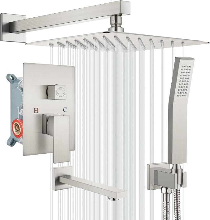 gotonovo Shower System with Tub Spout Wall Mounted Rain Shower Head and Handle Combo Shower Faucet Set with Valve, 12 Inch, Brushed Nickel by HOME