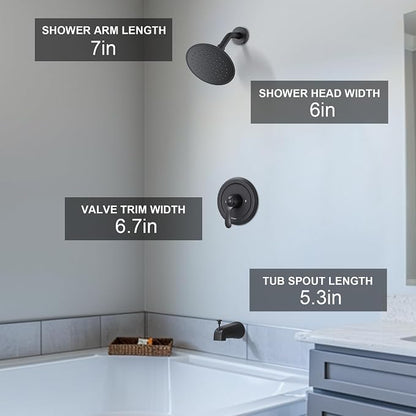 Black Tub Shower Faucet Set with (Valve Included) - 6 Inch Shower Head and Handle Set Matte Black, Tub and Shower Trim Kit with High-Pressure Rain Shower Head and Tub Spout - Image 3